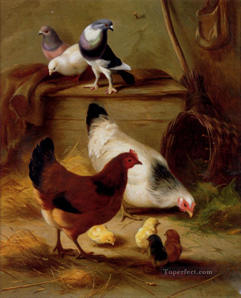 Pigeons And Chickens poultry livestock barn Edgar Hunt Oil Paintings